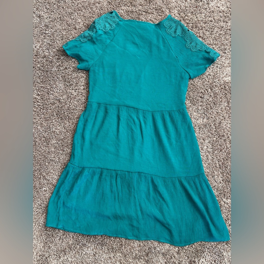 Indigo Rose Teal Boho Mini Dress Crochet Lace Sleeve Button Front- Size Small - Picture 4 of 8